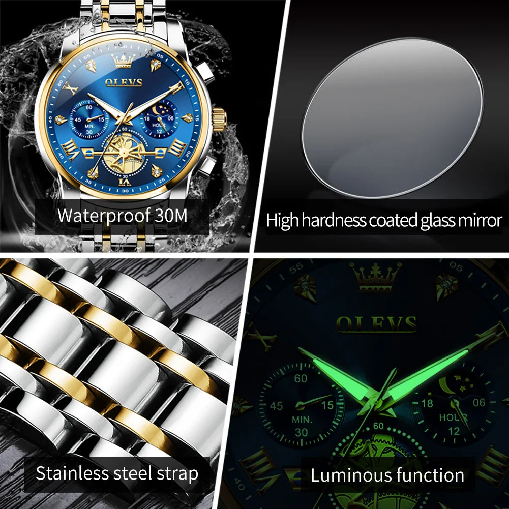 OLEVS 42mm Big Dial Watch For Men Moon Phase 24 Hour Display Waterproof Quartz Man Wrist Watches Original Luxury Hand Clock 2856