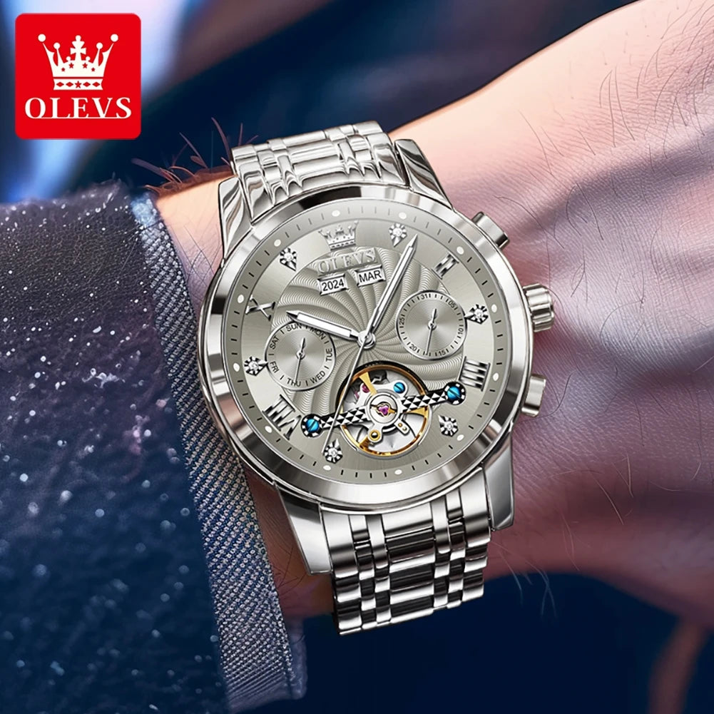 OLEVS 7088 Men's Watch Fashion Calendar Mechanical Watch For Men Original Hollow Steel Strap Business Wristwatch Deep Waterproof