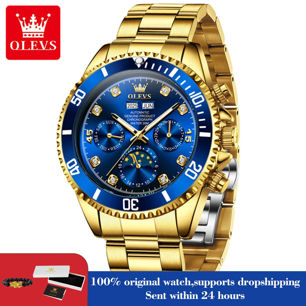 OLEVS 6729 Men Automatic Watch Luxury Business Moon Phase Mechanical Watch For Men 30M Waterproof Calendar Original Hand Clock