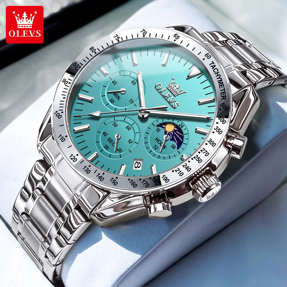 OLEVS 3618 Quarzuhr für Herren, originaler Chronograph, Mondphase, 24-Stunden-Anzeige, Armbanduhr, Edelstahl, Top-Marke Herrenuhr