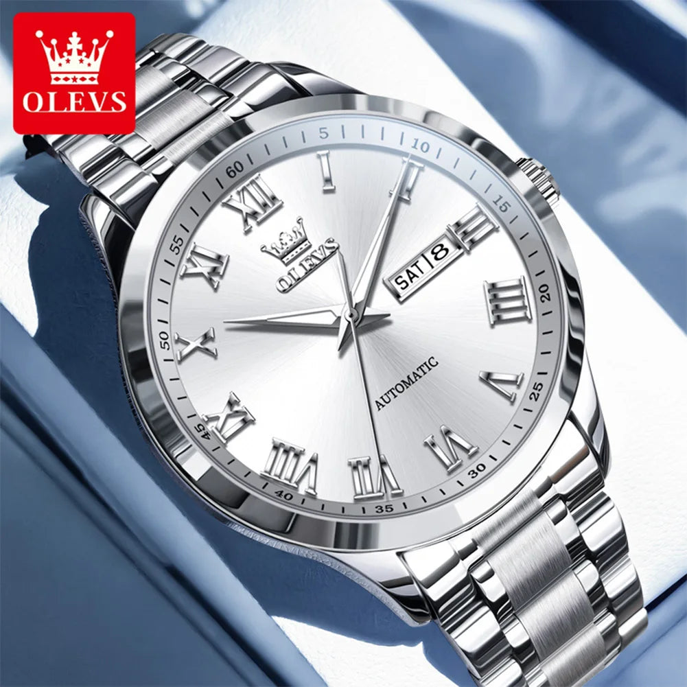 OLEVS 7075 Watches For Man Luxury Original Mechanical Watch For Men Week Calendar Waterproof Automatic Hand Clock Steel Strap