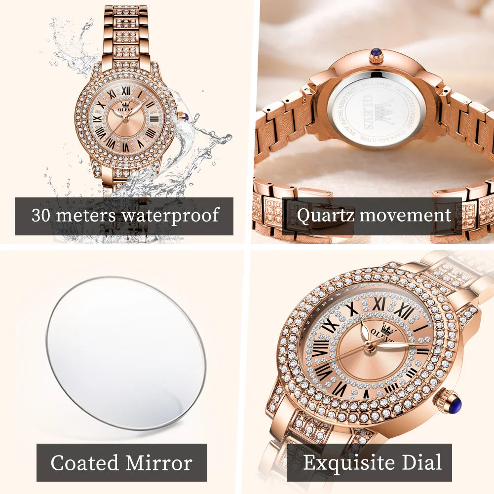 OLEVS Kadın Saatleri Lüks Orijinal Kuvars Bayan Kol Saati Su Geçirmez Rose Gold Çelik Kordon Romen Kadranlı Kadın Saati 9943