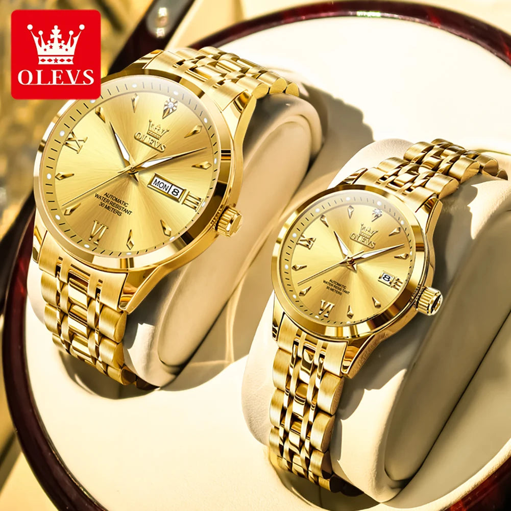 OLEVS 9956 Watches For Couple  Automatic Mechanical Watches Dual Calendar Original Stainless Steel Hand Clock Waterproof 9956