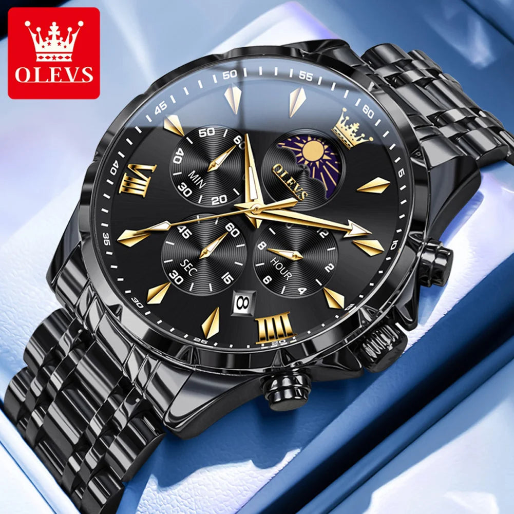 OLEVS 3653 Herrenuhr Original Chronograph Quarz Armbanduhr Stahlband Mondphase Datum Wasserdicht Top Marke Herrenuhr