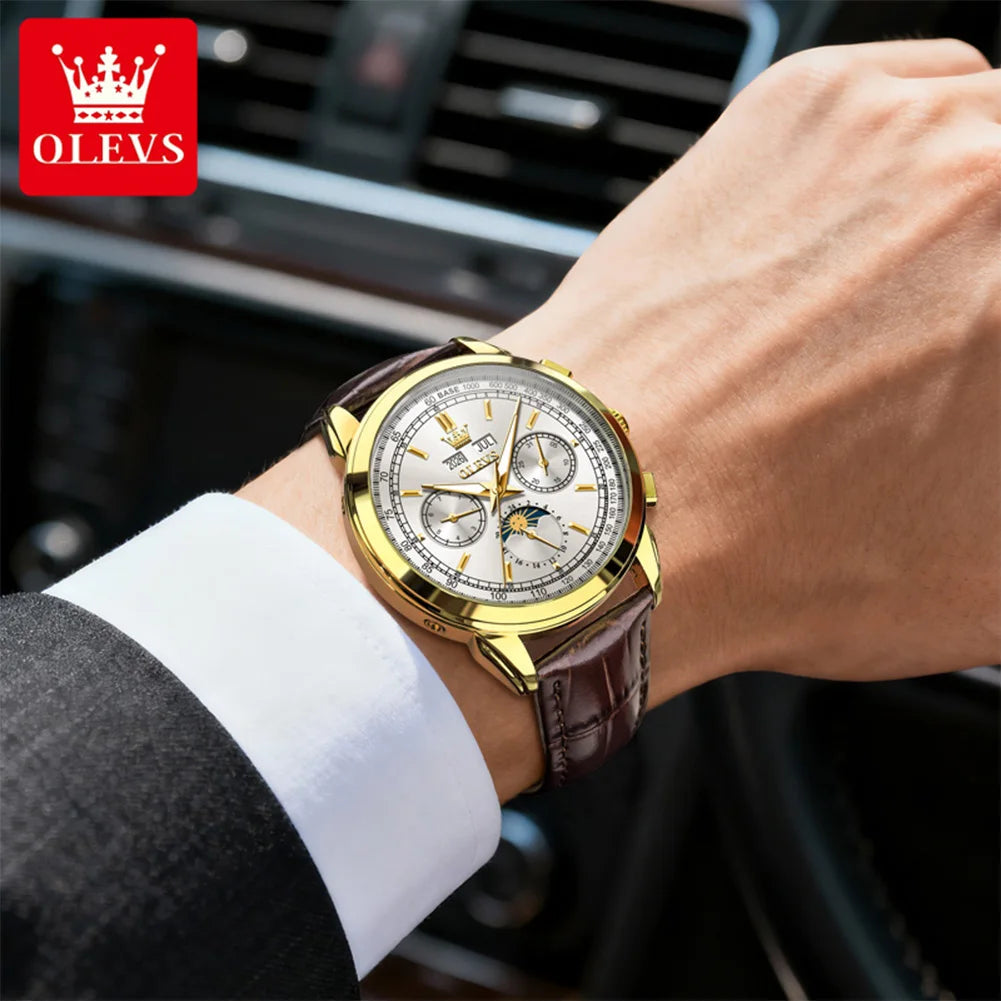 OLEVS Erkek Saati Klasik Otomatik Mekanik Kol Saati Su Geçirmez Sonsuz Takvim Ay Fazlı Saat Erkekler İçin Kol Saati 7171