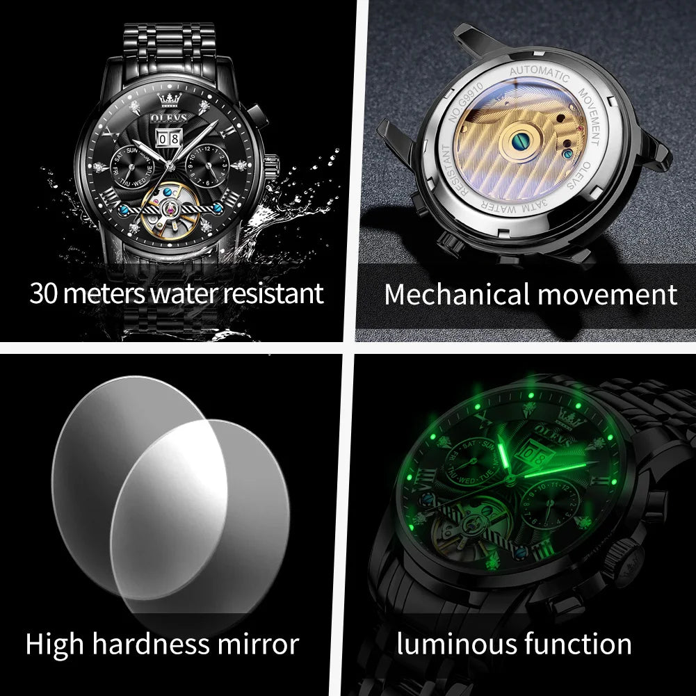 OLEVS 9910 Man Watch Luxury Business Mechanical Watch For Men Hollow Roman Scale Waterproof Luminous Calendar Men's Hand Clock