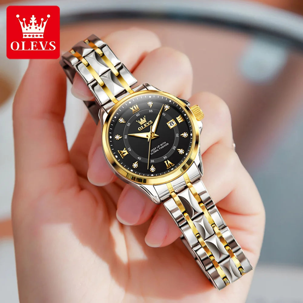 OLEVS 2906 Paar-Armbanduhr Original Römisches Zifferblatt Diamantenbesatz Luxus Quarz Uhr Für Herren Damen Rhombus Armband Wasserdicht Zeigeruhr