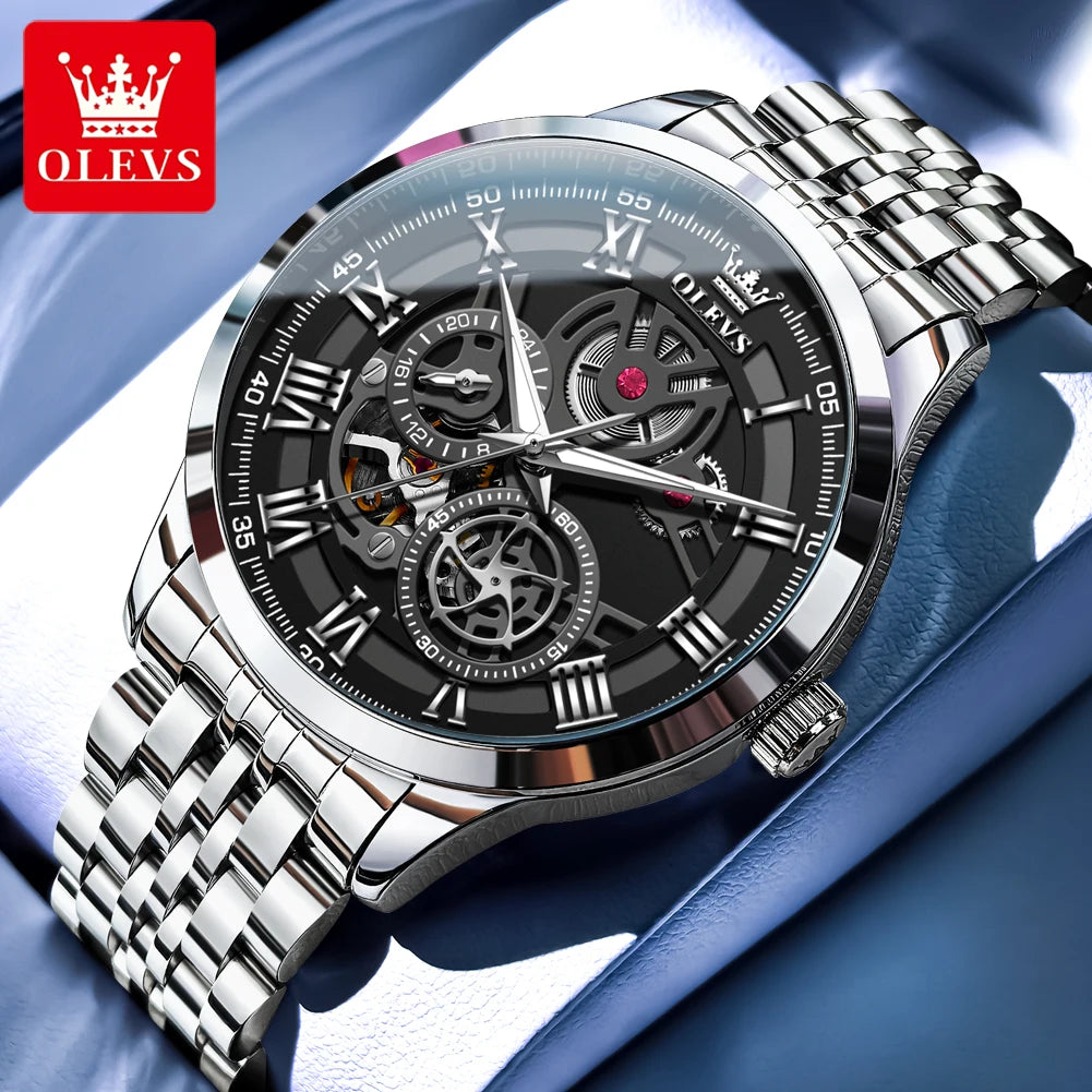 OLEVS 7076 Man Automatic Watch Fashion Hollow Mechanical Watch For Men Waterproof Stainess Steel Strap Roman Scale Hand Clock