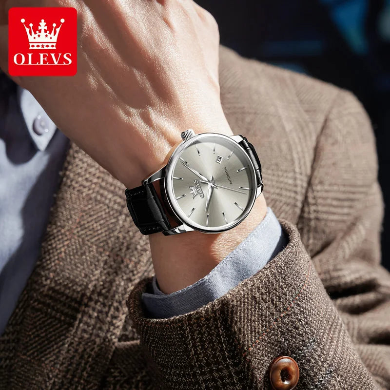 OLEVS 6725 Man Automatic Watch Classic Simple Mechanical Watch For Men Auto Date Original Waterproof Leather Male Hand Clock
