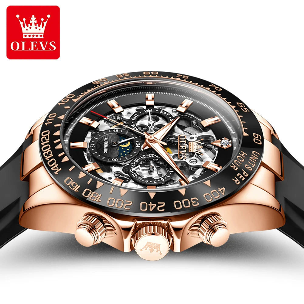OLEVS 6713 Man Watch Hollow Moon Phase Mechanical Watch For Men Week Calendar Silicone Strap Automatic Hand Clock Waterproof