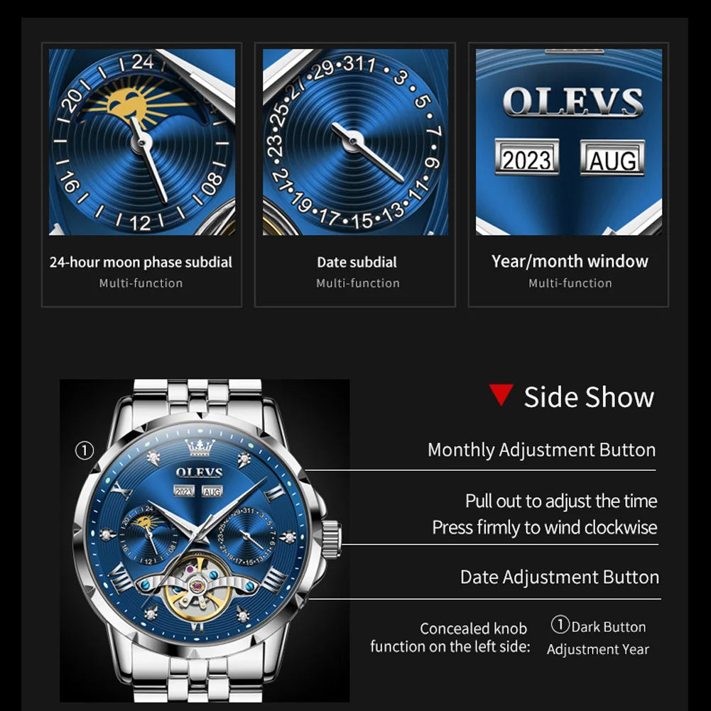 OLEVS 6691 Men's Watches Luxury Roman Scale Mechanical Watch For Men Moonswatch Hollow Flywheel Calendar Waterproof Hand Clock