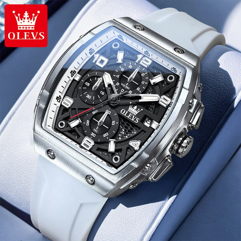 OLEVS 2976 Herrenuhr Chronograph Datum Quarzuhr für Herren Ziffernskala Tonneau Großes Zifferblatt Wasserdichtes Silikonarmband Armbanduhr