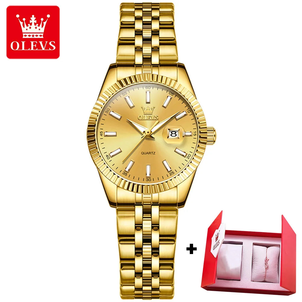 OLEVS 5593 Quarz Damenuhr Top Marke Original Uhr für Frauen Wasserdicht Leuchtend Luxus Kalender Edelstahl Zeigeruhr