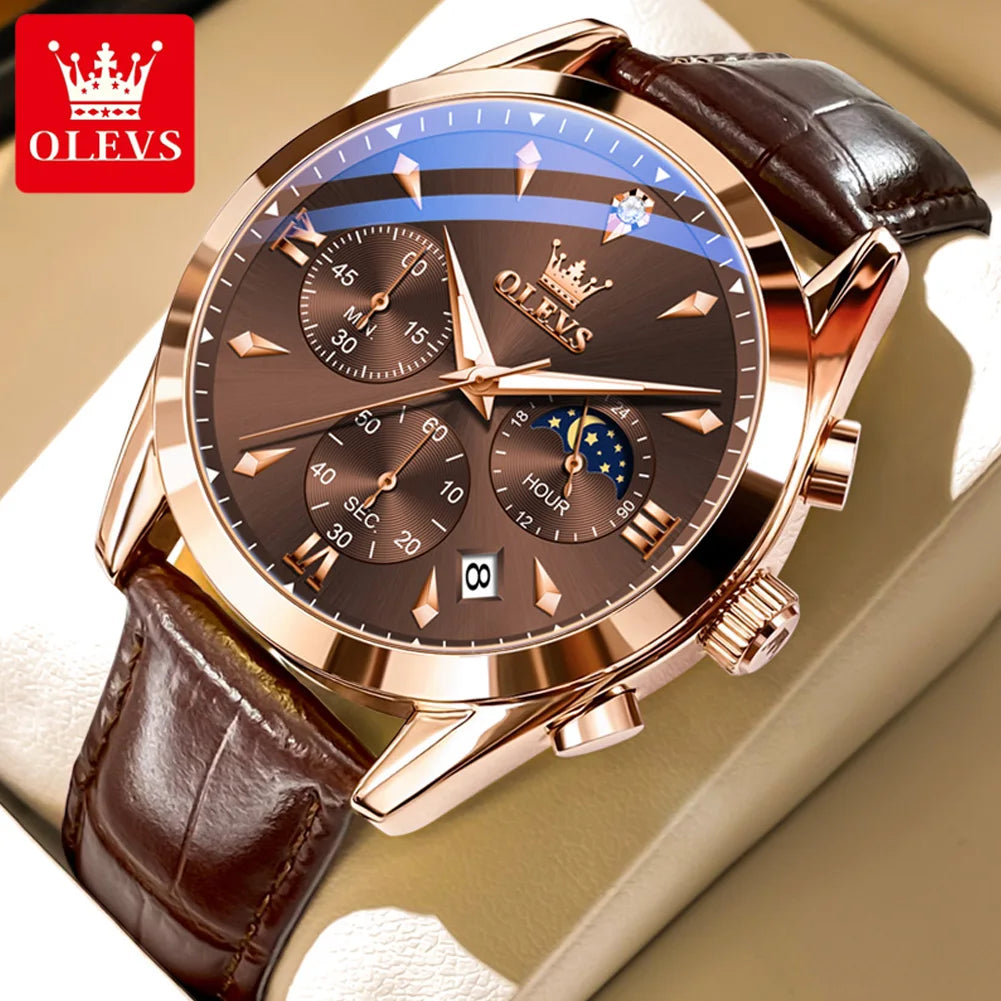 OLEVS 3609 Armbanduhr für Herren, modisch, Kalender, wasserdicht, leuchtend, für Herren, Chronograph, Mondphase, Quarz, Business-Herrenuhren