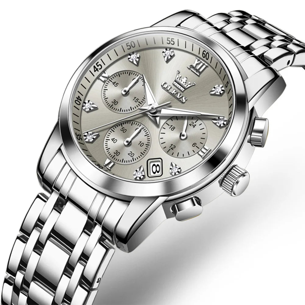 OLEVS 2858 Damenuhr Luxus Wasserdichte Datumsquarzuhr für Damen Diamantskala Chronograph Business Handuhr Stahlarmband