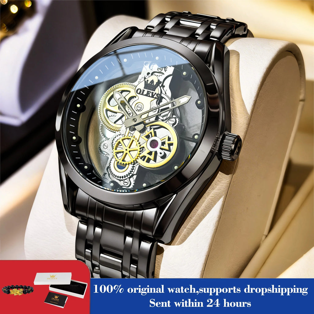 OLEVS 3725 Luxury Man Watches 40mm Big Dial Fashion Business Skeleton Quartz Watch For Men Waterproof Luminous Men Clock