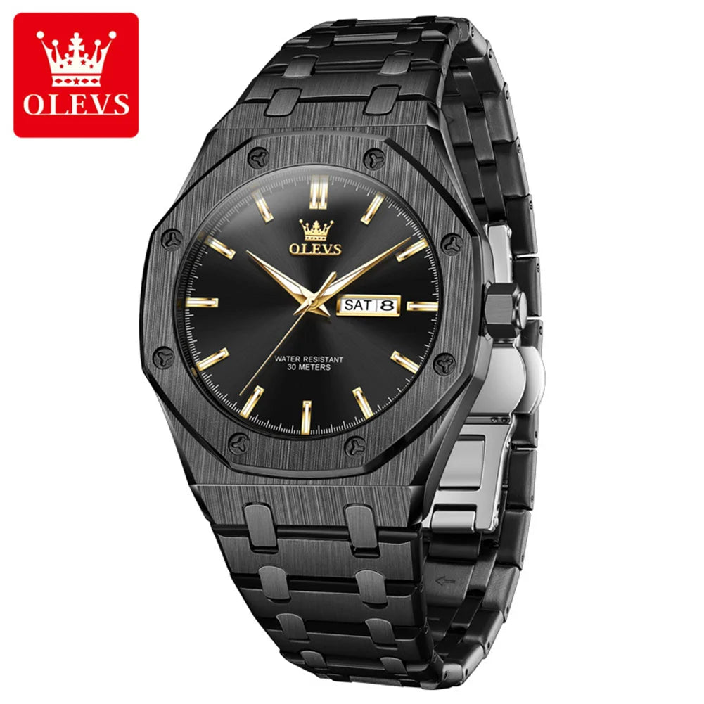 OLEVS 3726 Herrenuhr Chronograph Datum Wochentag Quarzuhren für Herren Edelstahl Luxus-Armbanduhr Wasserdicht Leuchtend Reloj