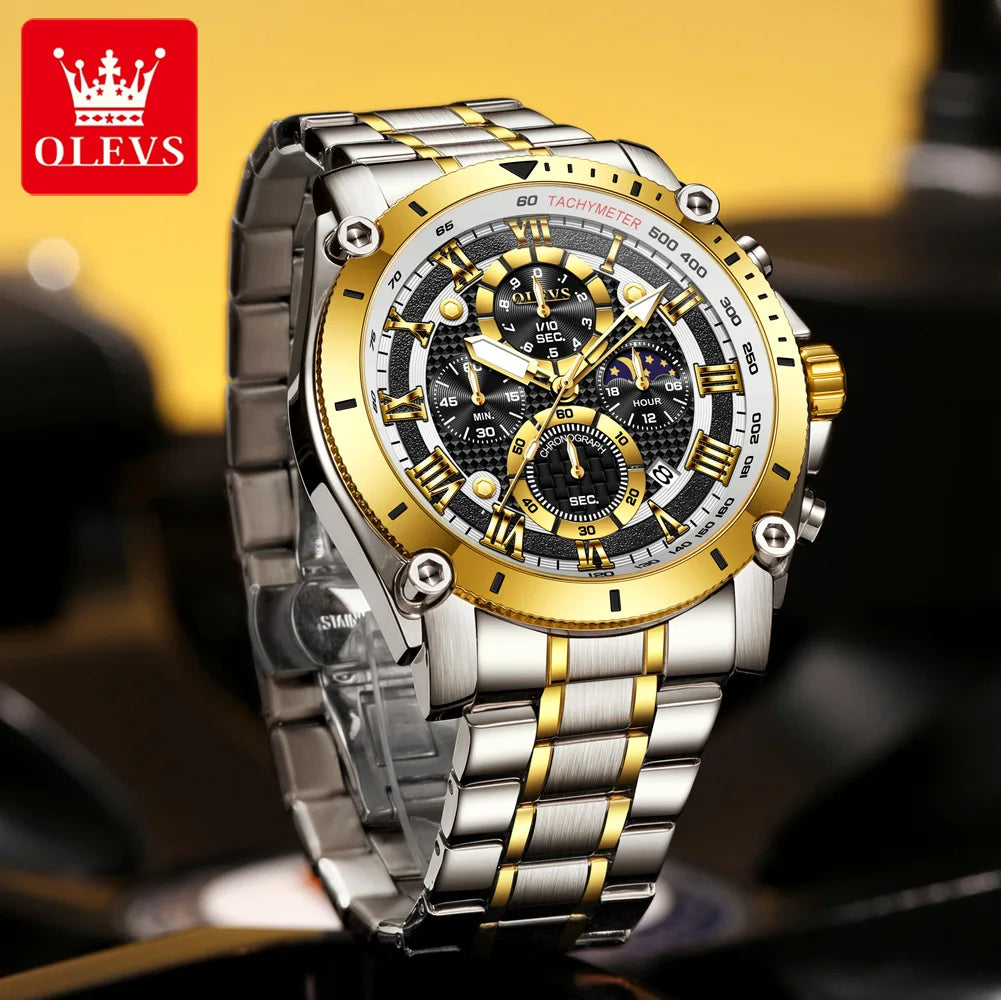 OLEVS 3689 Quarzuhr Herren Mode Original 47mm Großes Zifferblatt Römische Skala Mondphase Uhr Für Herren Kalender Wasserdicht Armbanduhr