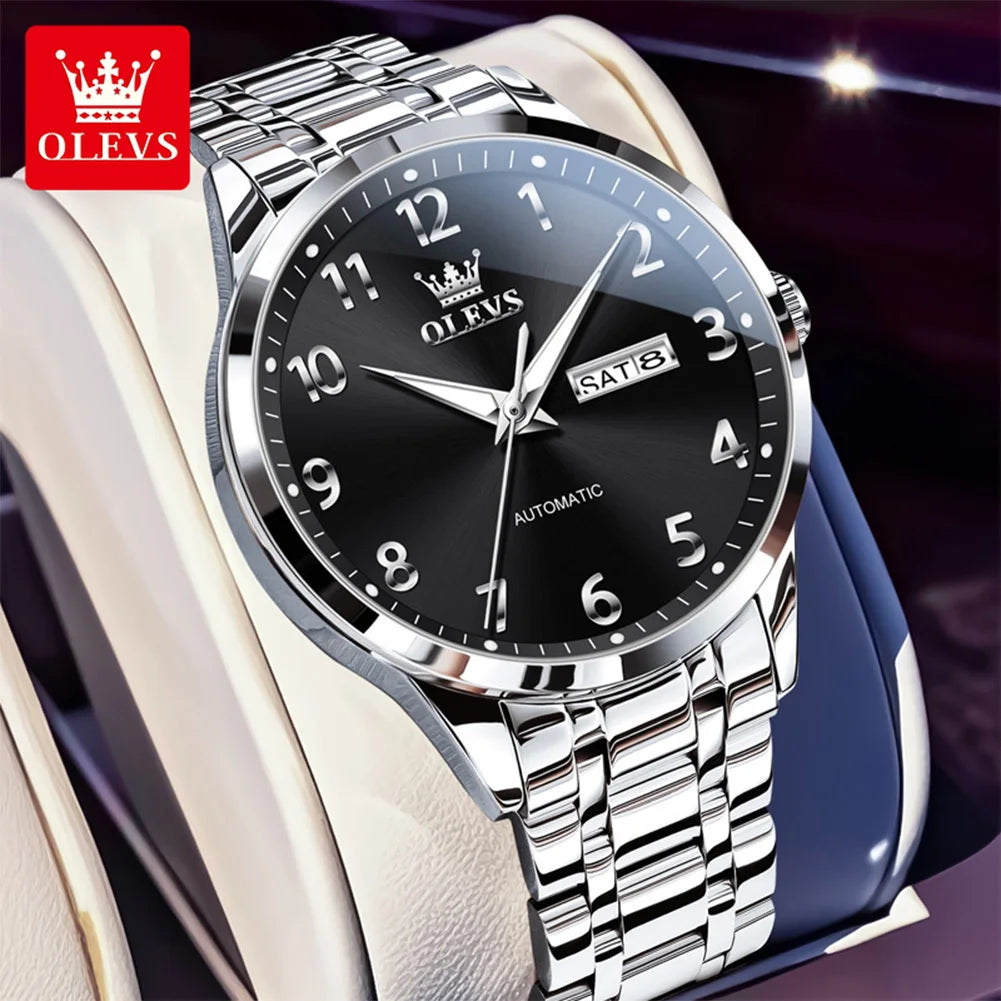 OLEVS 7078 Man Automatic Watch Top Brand Dual Calendar Mechanical Watch For Men Number Scale Business Hand Clock Steel Strap