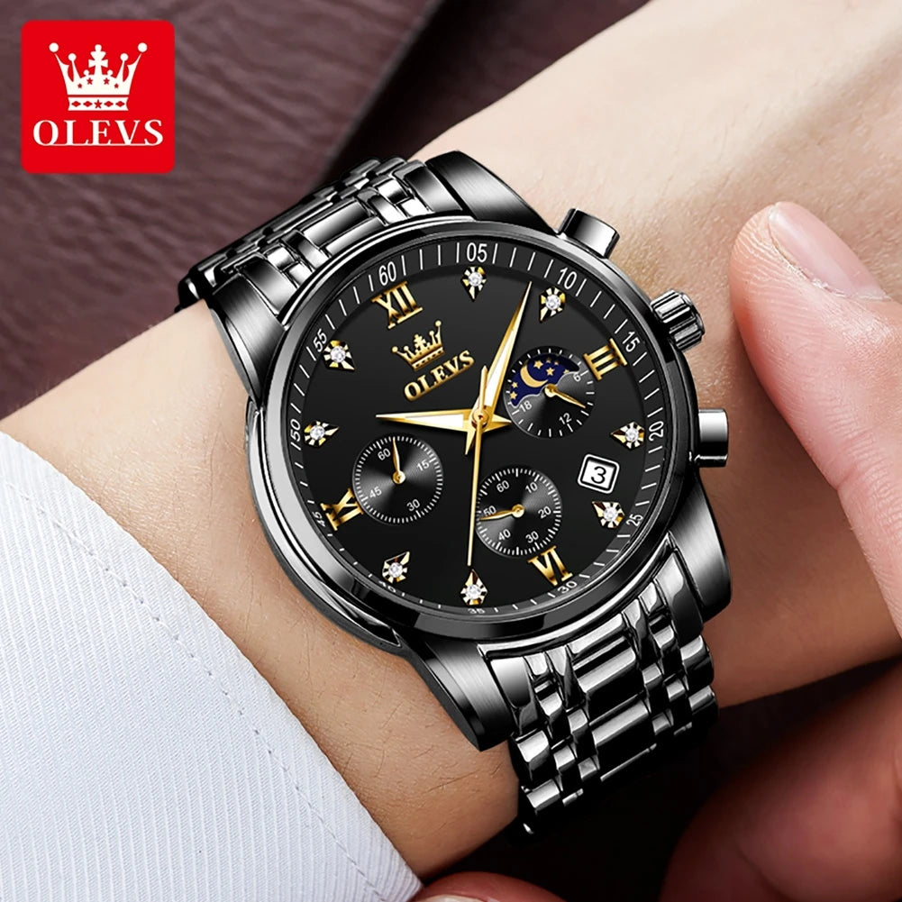 OLEVS 2858 Herrenuhr Diamantzifferblatt Mondphase Quarzuhr für Herren Edelstahl Wasserdicht Top-Marke Luxus Herren-Armbanduhr