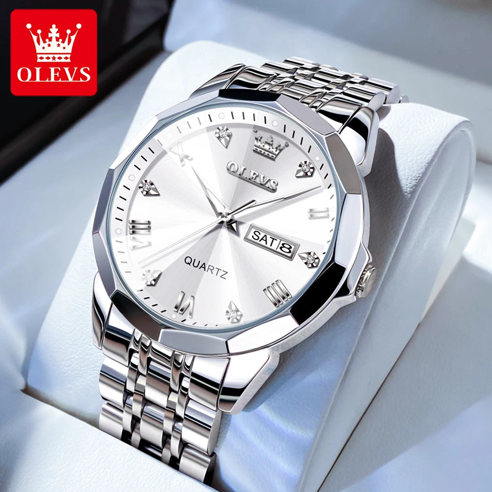 OLEVS 9931 Quartz Watch For Men Rhombus Mirror Waterproof Luminous Stainless Steel Wrist Watches Dual Calendar Man Hand Clock