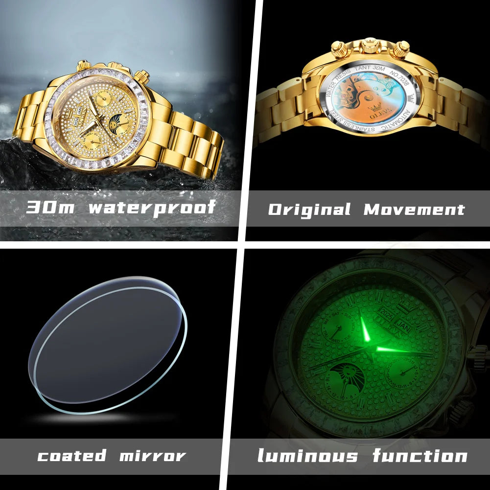 OLEVS 7038 Luxury Diamond Mechanical Watch For Men Moon Phase Auto Date Man Hand Clock 30M Waterproof Stainless Steel Men Watch