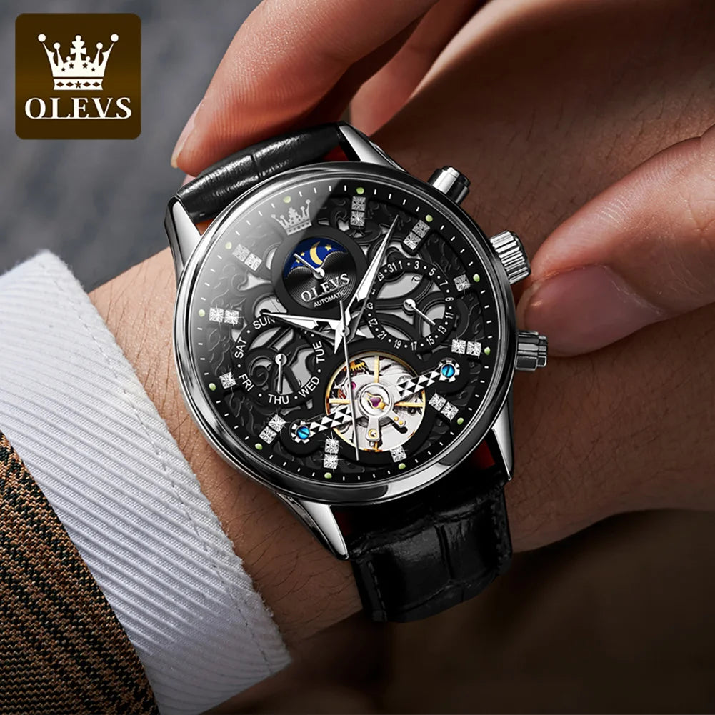 OLEVS 6658 Luxury Skeleton Flywheel Automatic Mechanical Watch Moonswatch Waterproof  Wristwatch For Man Gifts Box Hand Clock