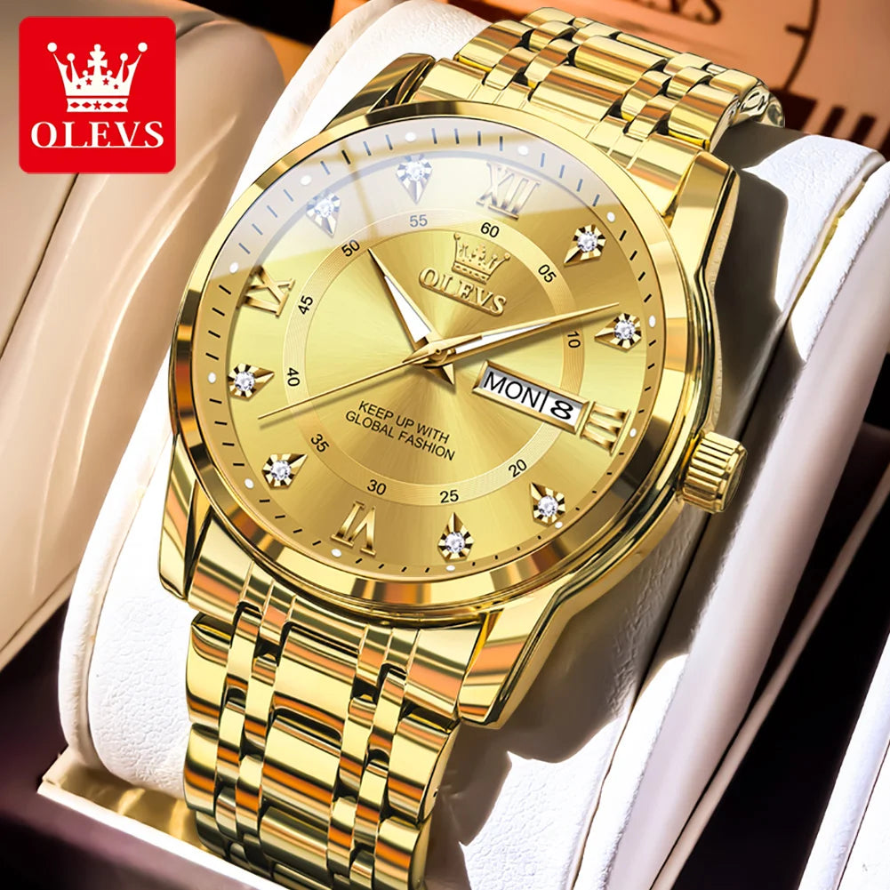 OLEVS 5513 Armbanduhr Herren Dual-Kalender Mode Quarzuhr Für Männer Diamant-Skala Edelstahl Luxus Herren Armbanduhr Wasserdicht
