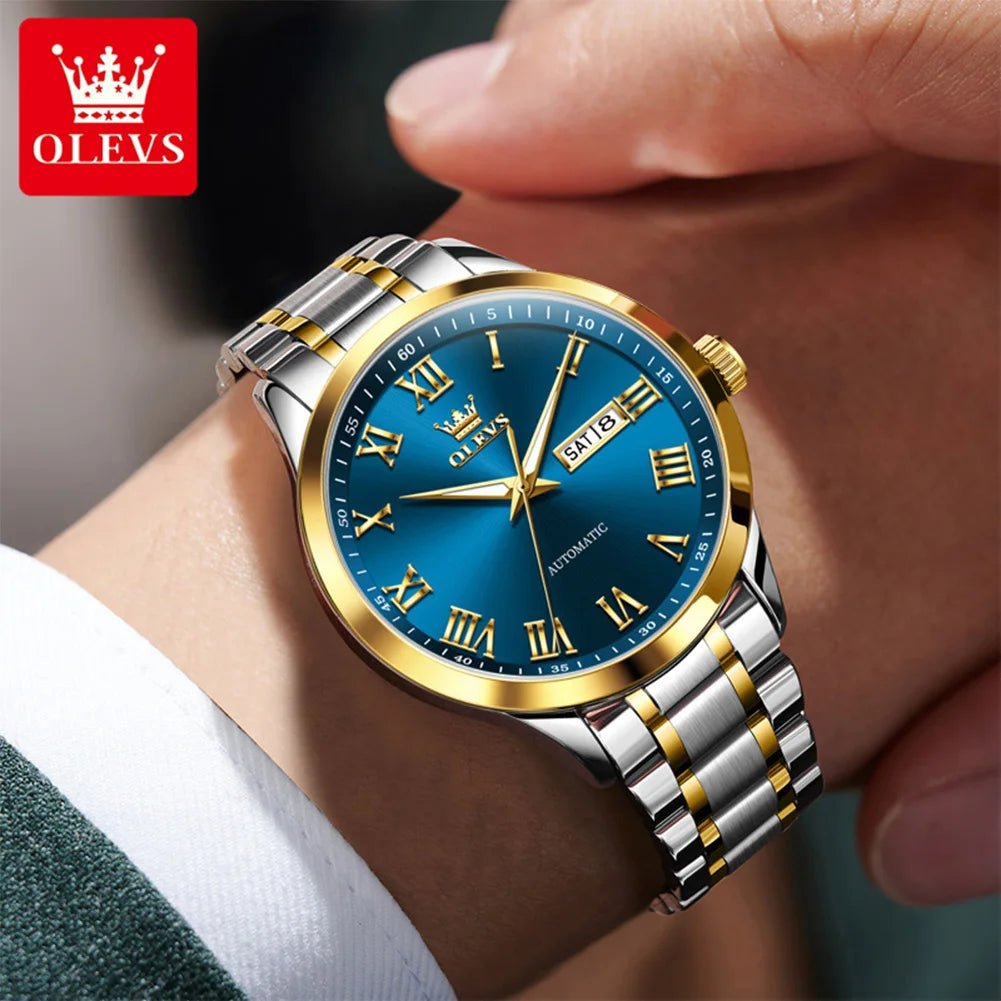 OLEVS 7075 Watches For Man Luxury Original Mechanical Watch For Men Week Calendar Waterproof Automatic Hand Clock Steel Strap