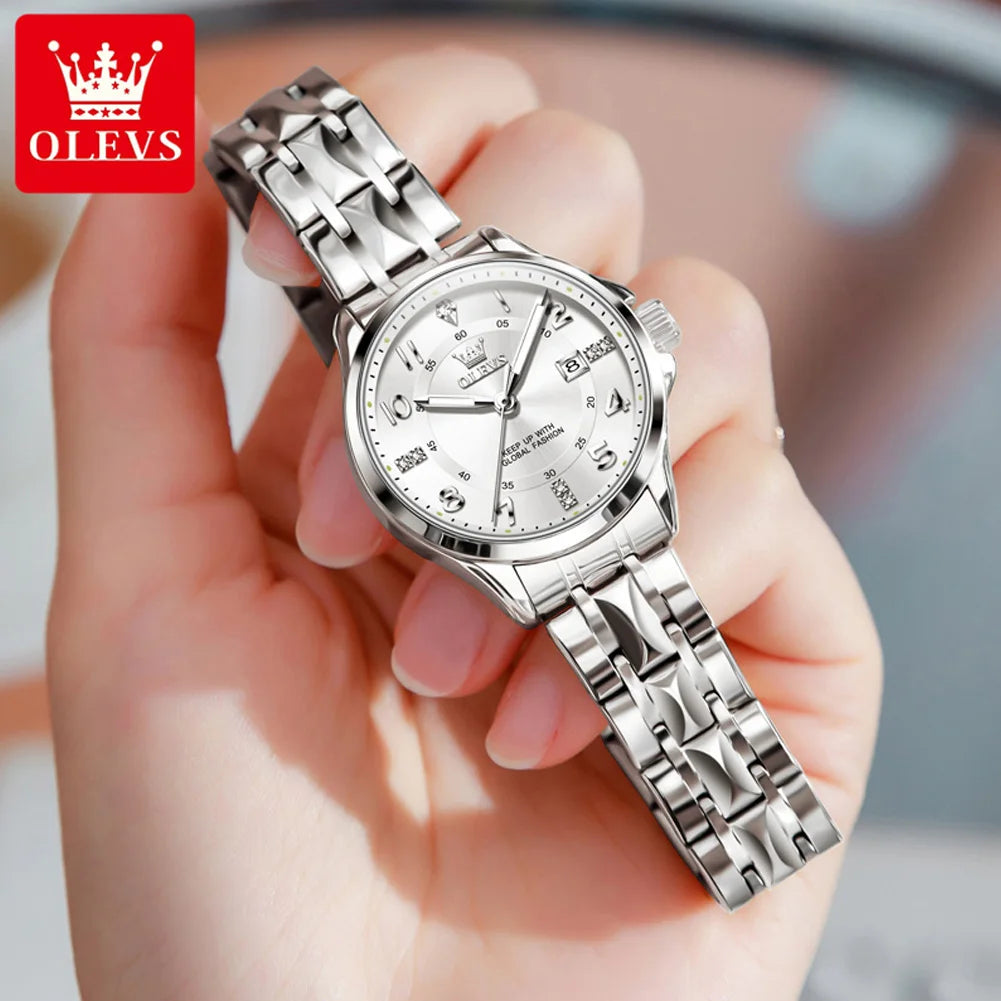 OLEVS 2910 Quarzuhr für Damen Edelstahl Wasserdicht Kalender Luxus Damenuhr Zifferblatt mit Nummernskala Damenuhren