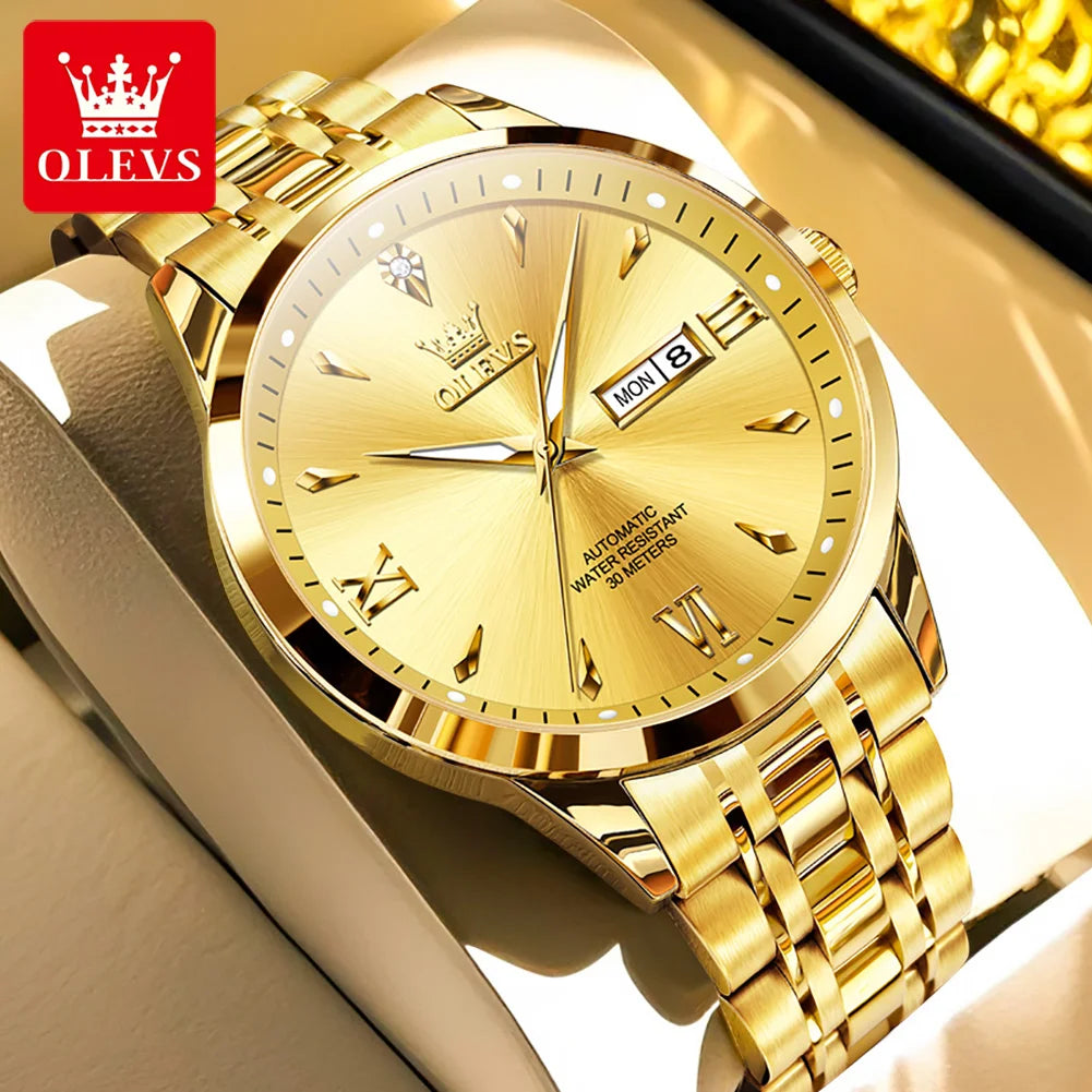 OLEVS 9956 Man Watch Steel Strap Luxury Mechanical Watch For Men Original Fashion Waterproof Automatic Hand Clock Dual Calendar