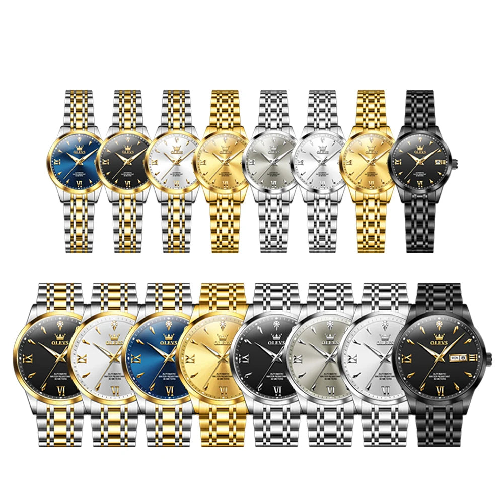 OLEVS 9956 Watches For Couple  Automatic Mechanical Watches Dual Calendar Original Stainless Steel Hand Clock Waterproof 9956