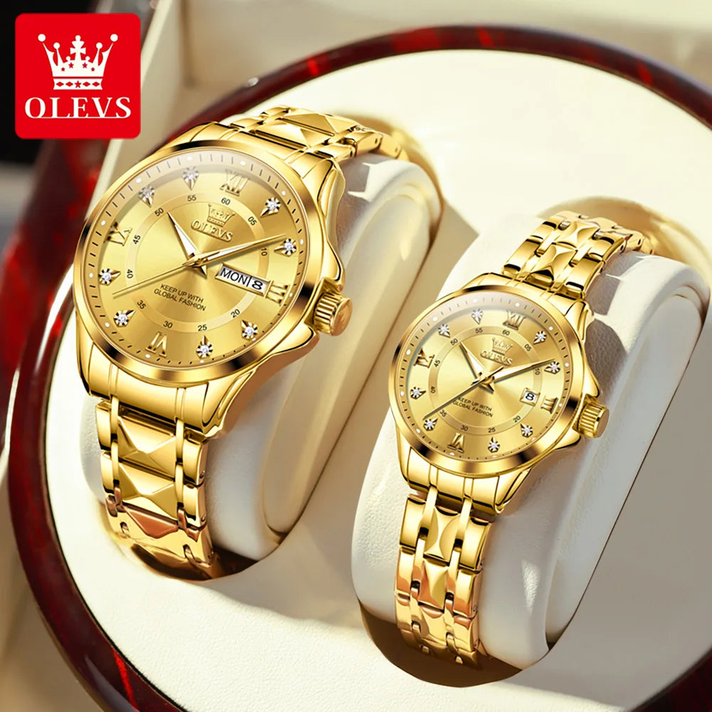 OLEVS 2906 Paar-Armbanduhr Original Römisches Zifferblatt Diamantenbesatz Luxus Quarz Uhr Für Herren Damen Rhombus Armband Wasserdicht Zeigeruhr