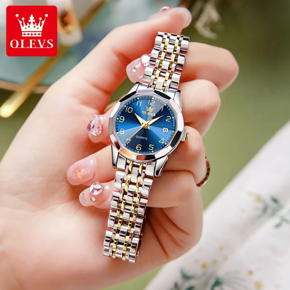OLEVS 9970 Couple Watch For Men Women Luxury Number Dial Rhombus Mirror Quartz Hand Clock Stainless Steel Original Dress Watches