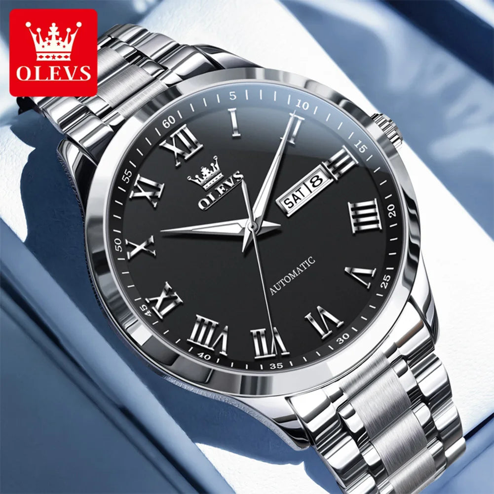 OLEVS 7075 Watches For Man Luxury Original Mechanical Watch For Men Week Calendar Waterproof Automatic Hand Clock Steel Strap