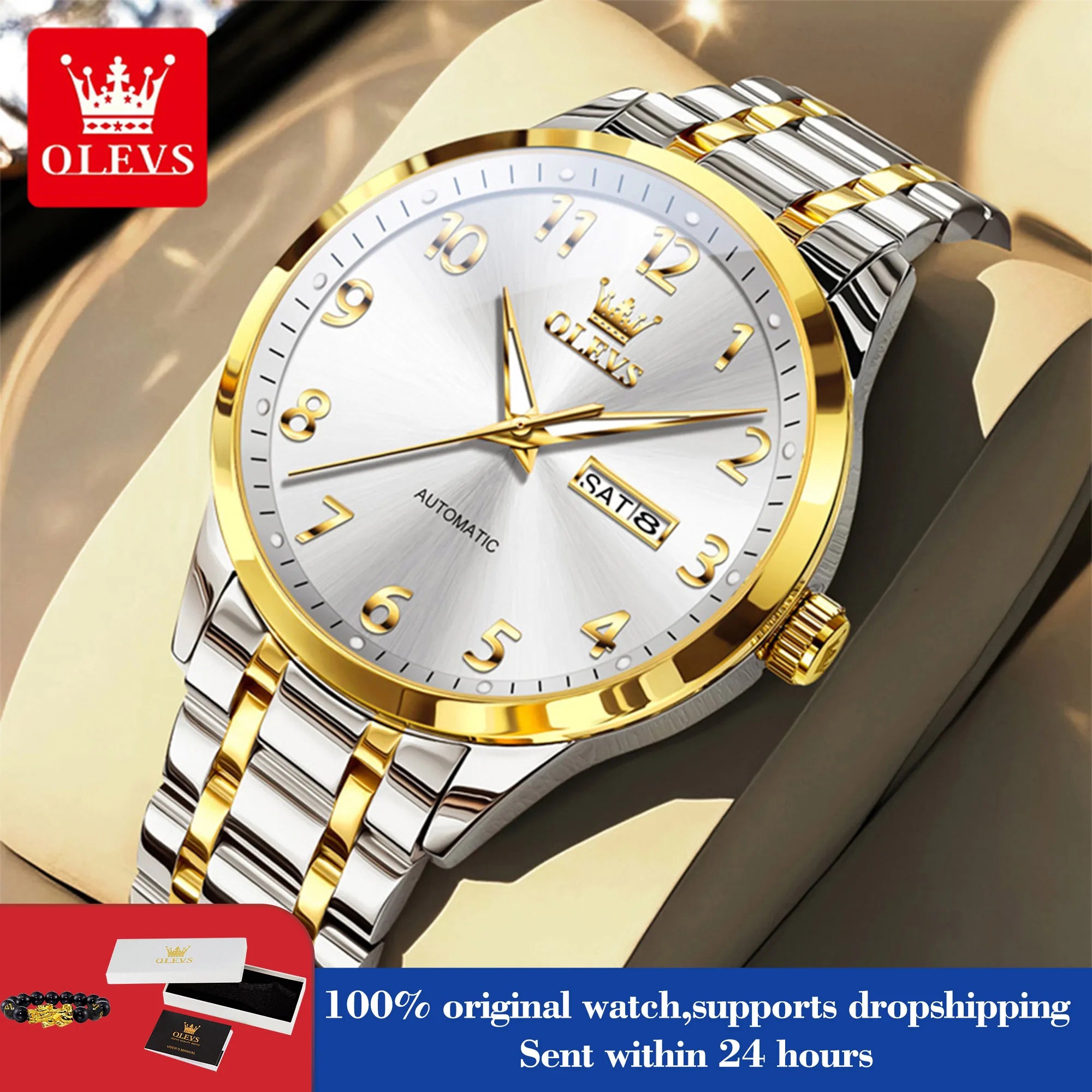 OLEVS 7078 Man Automatic Watch Top Brand Dual Calendar Mechanical Watch For Men Number Scale Business Hand Clock Steel Strap