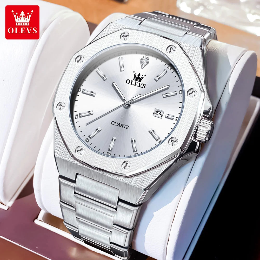 OLEVS 3613 Uhr für Herren, original luxuriös, Datum, Leuchtzeiger, Quarz, Business, Armbanduhr, wasserdicht, Edelstahlarmband, Herrenuhr