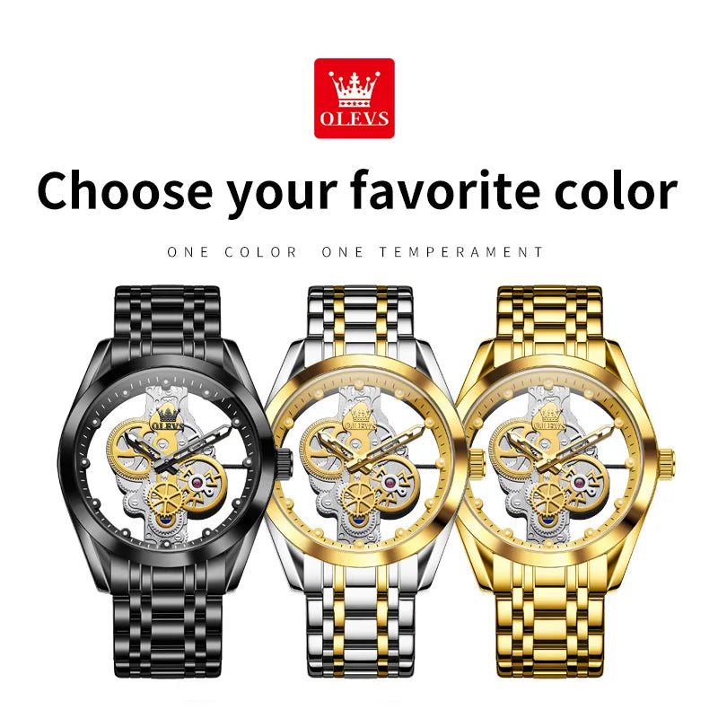 OLEVS 3725 Luxury Man Watches 40mm Big Dial Fashion Business Skeleton Quartz Watch For Men Waterproof Luminous Men Clock