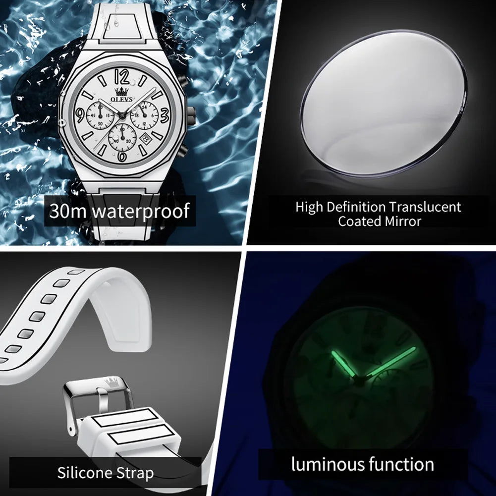 OLEVS 5622 Comic Style Quartz Watch For Men Chronograph Waterproof Luminous Hand Clock Number Scale Date Silicone Man Watches