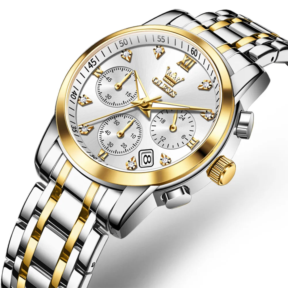 OLEVS 2858 Damenuhr Luxus Wasserdichte Datumsquarzuhr für Damen Diamantskala Chronograph Business Handuhr Stahlarmband