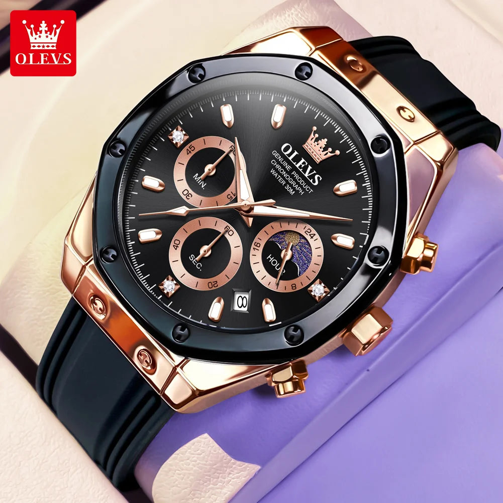 OLEVS 9911 Man Quartz Watch Big Dial Chronograph Watch For Men Moonswatch Date Fashion Waterproof Male Hand Clock Silicone Strap