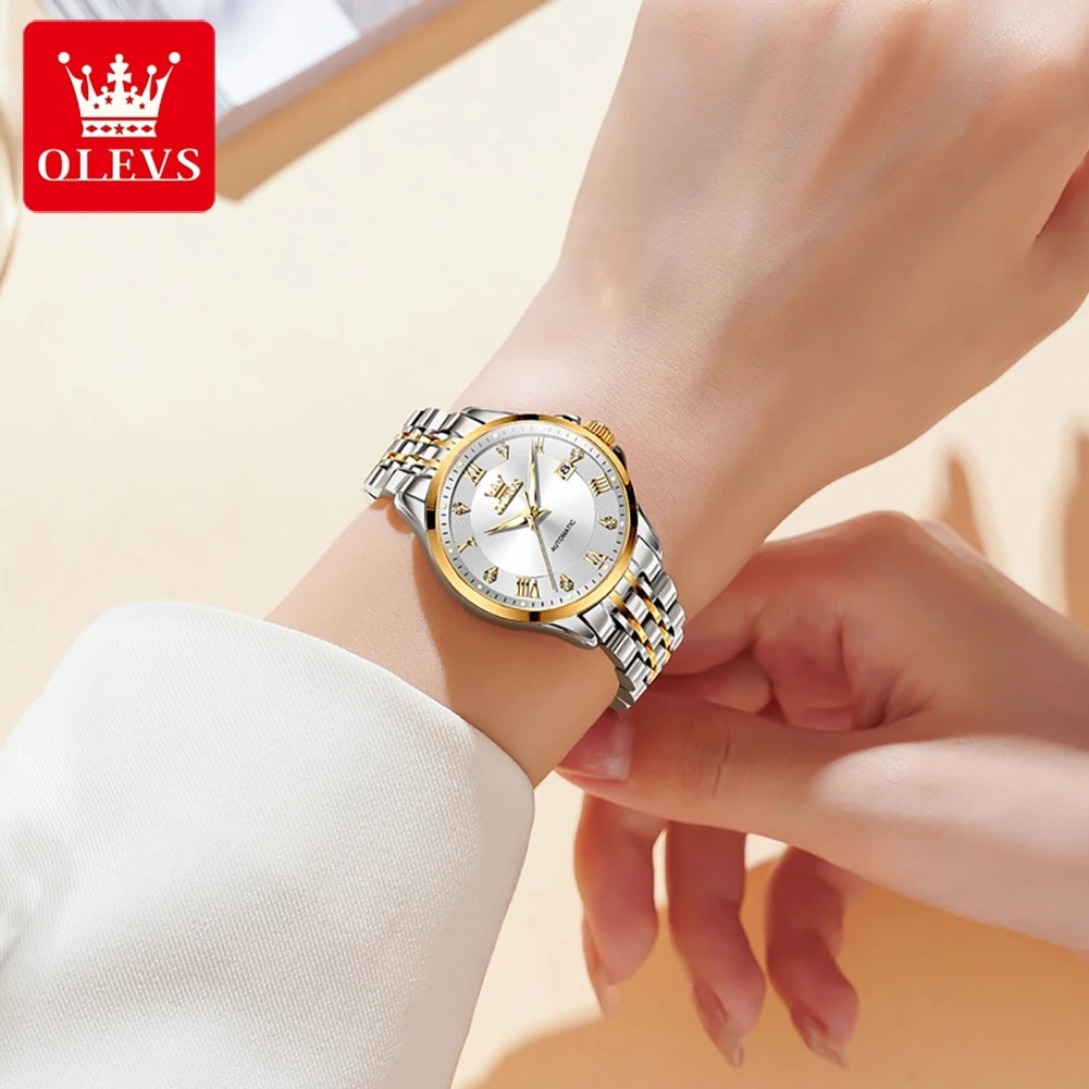 OLEVS 6702 Woman Watch Steel Strap Auto Date Mechanical Watch For Women Roman Scale Luxury Luminous Waterproof Ladies Hand Clock