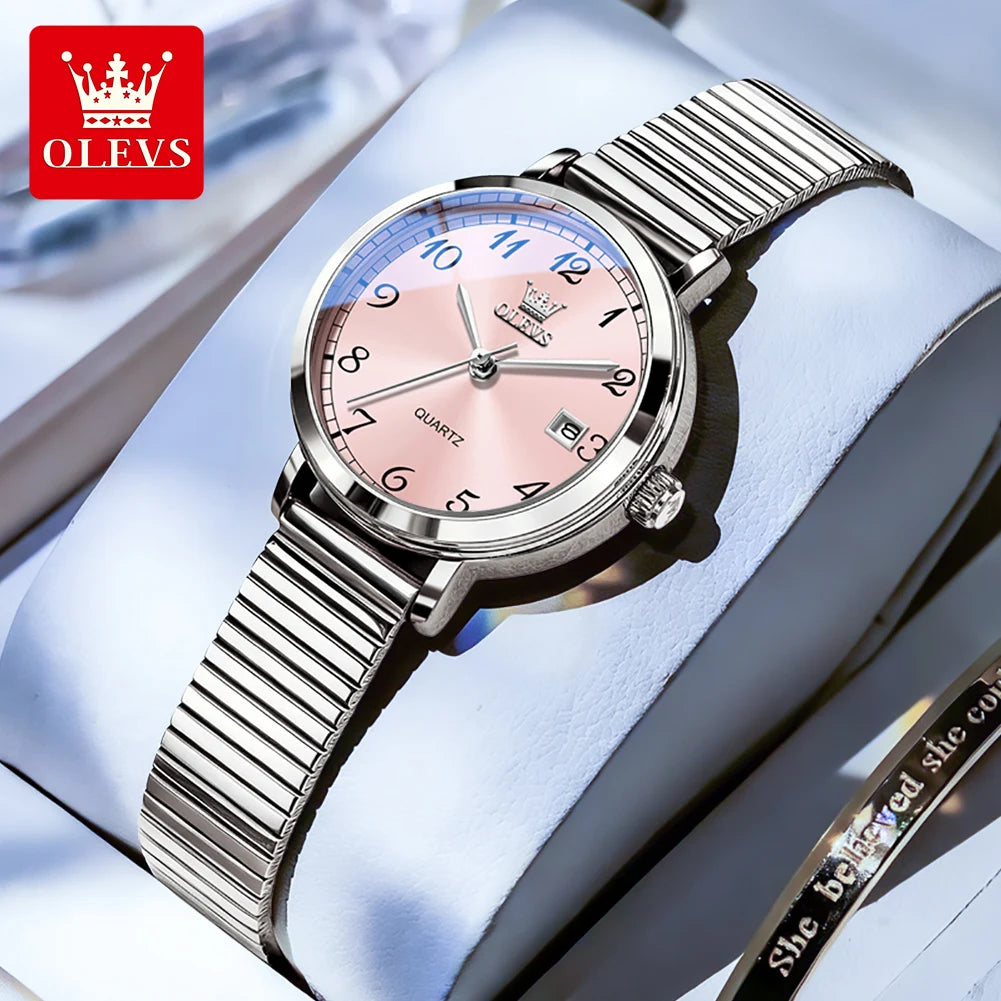 OLEVS 7130 Watches for Women Elegant Mesh Strap Quartz Wristwatch 9.5mm Thin Case Waterproof Auto Date Ladies Clock