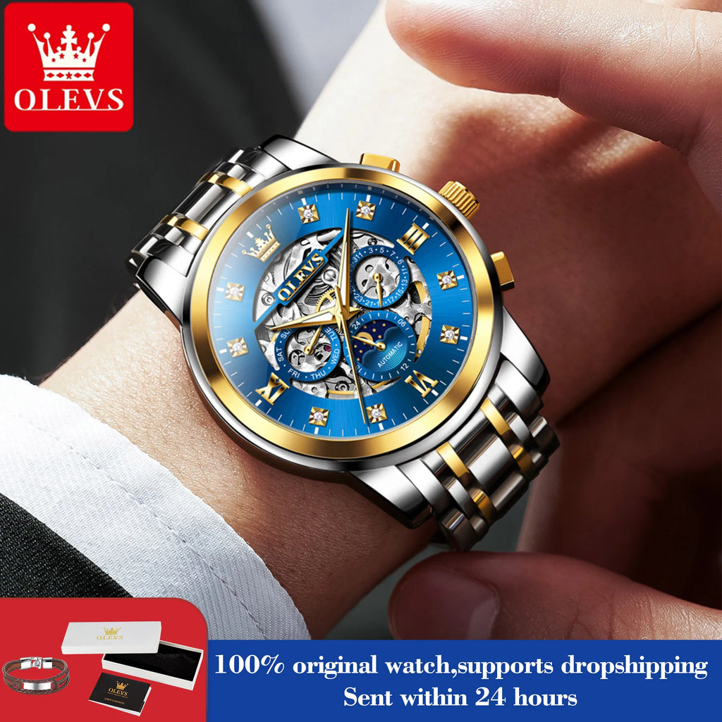 OLEVS 6721 Watch For Men Moon Phase Original Mechanical Man Watch Hollow Skeleton Auto Date Waterproof Diamond Scale Hand Clock