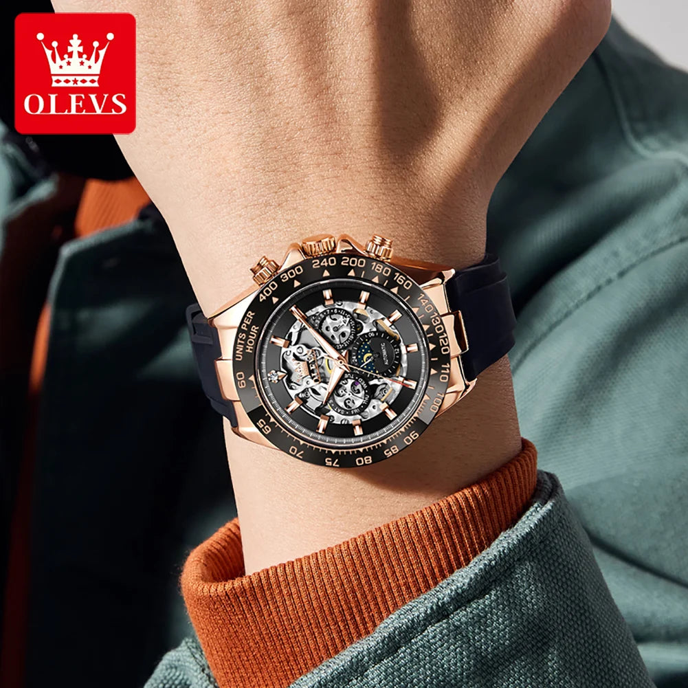 OLEVS 6713 Man Watch Hollow Moon Phase Mechanical Watch For Men Week Calendar Silicone Strap Automatic Hand Clock Waterproof