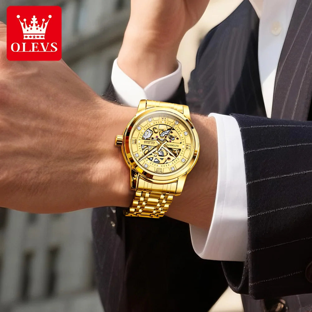 OLEVS 9901 Mens Watch Skeleton Mechanical Watches For Man Waterproof Luminous Man Dress Hand Clock Original Luxury Brand