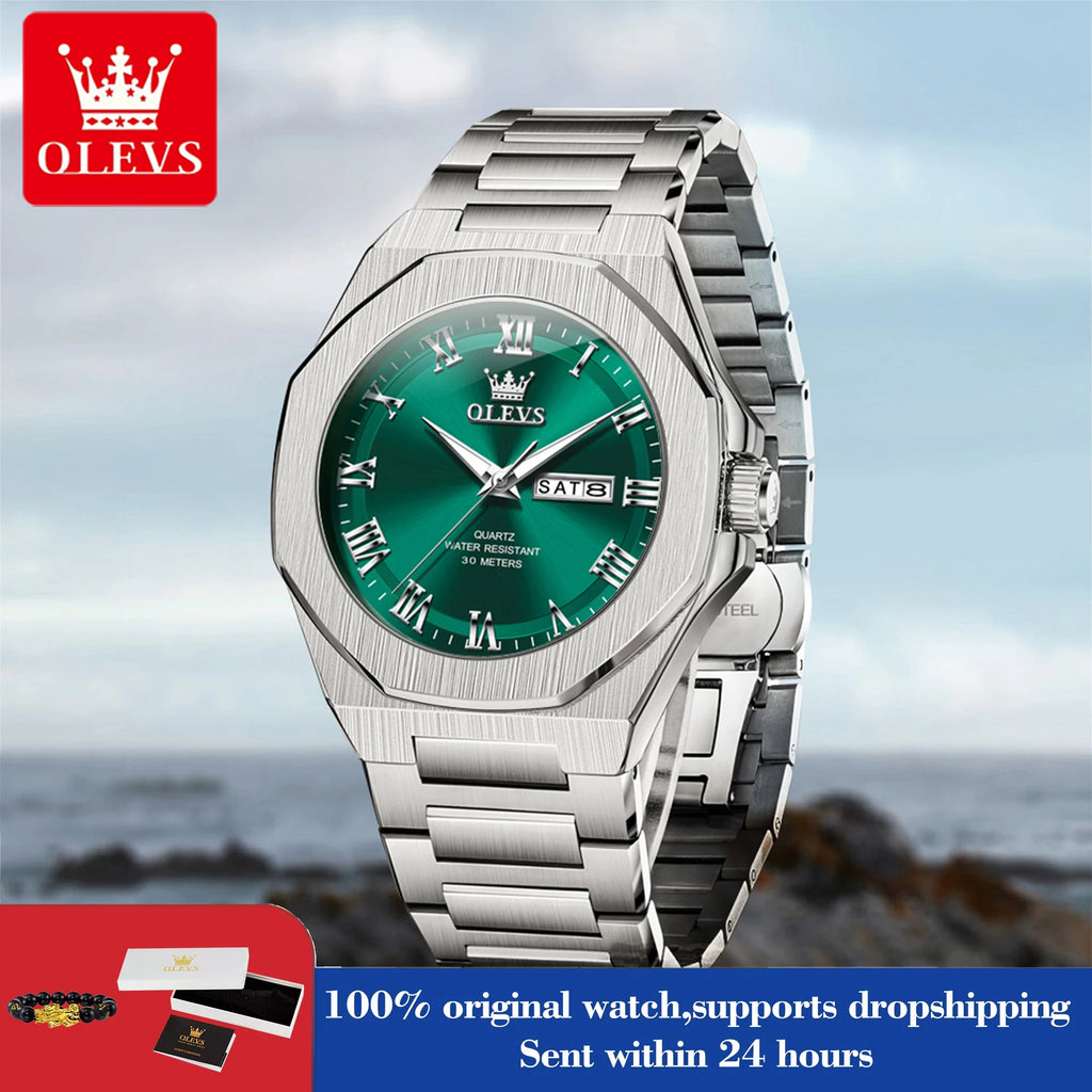 OLEVS 3727 Mens Watches Waterproof Luminous Week Date Quartz Watches Stainless Steel Luxury Watches For Men High Quality Reloj