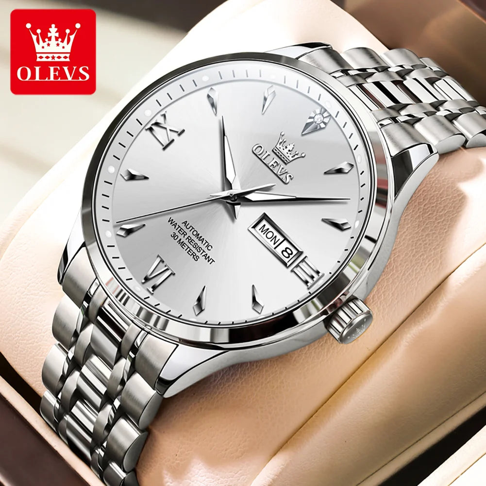 OLEVS 9956 Man Watch Steel Strap Luxury Mechanical Watch For Men Original Fashion Waterproof Automatic Hand Clock Dual Calendar