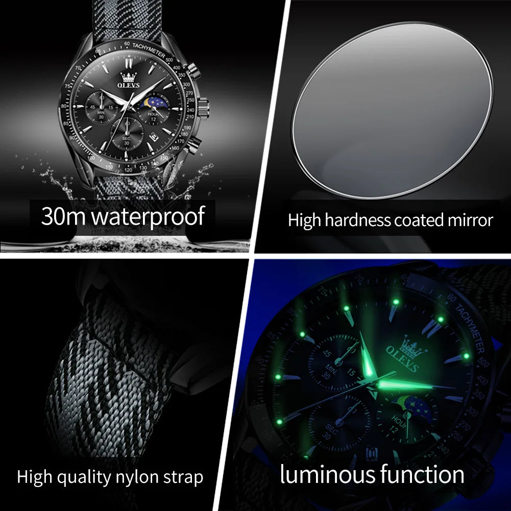 OLEVS 3630 Quarz Herrenuhr Datum Chronograph 24-Stunden-Mondphase Wasserdichte Uhr für Herren Mode Nylonarmband Original Armbanduhr