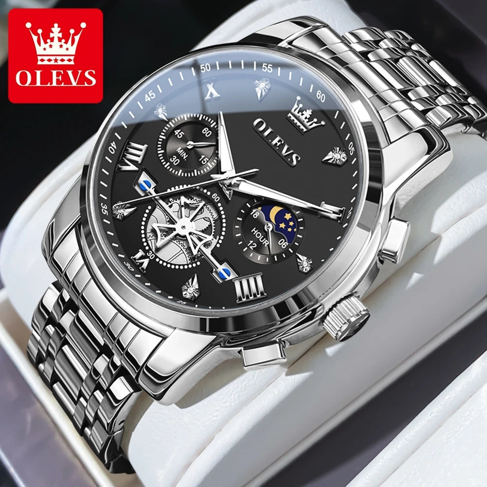 OLEVS 42mm Herrenuhr mit großem Zifferblatt, Mondphase, 24-Stunden-Anzeige, wasserdichte Quarz-Herrenarmbanduhr, Original Luxus Armbanduhr 2856